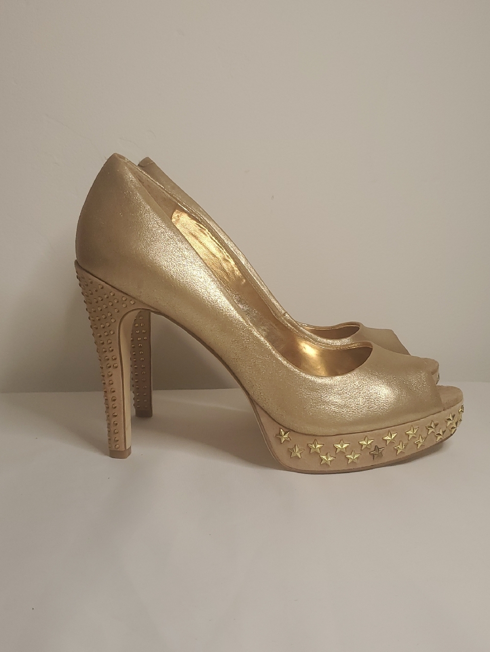 Reba Metallic Gold Peep-Toe Platform Heels with Star Studs
